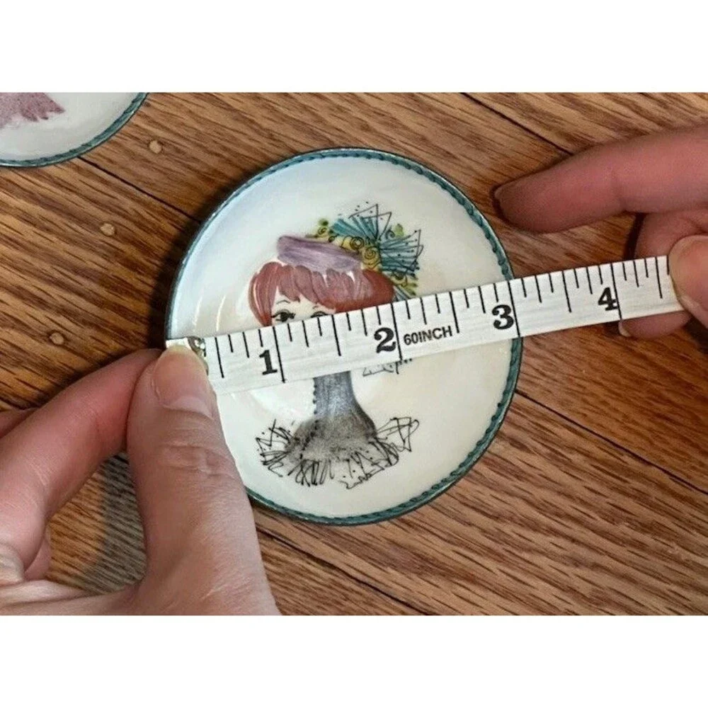 Set Of 3 Mid Century Handmade Trinket Enamel Dishes Victorian Woman Dish Vintage